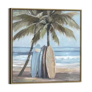 Imagem de Arte de parede costeira decoração em tela: pintura emoldurada de praia grande prancha de surf imagem do oceano arte moderna palmeira mar impressão para sala de estar quarto casa 76 x 76 centímetros