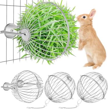 Imagem de Otoolling 2 unidades de alimentador de bola de feno de coelho de aço inoxidável, suporte de feno para pendurar, suporte de feno para animais pequenos, brinquedo de bola para coelho, hamster