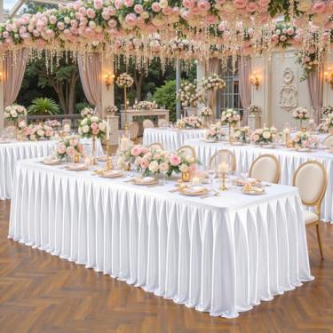 Imagem de Toalha de mesa branca com glitter para mesas retangulares de 2,4 m, saia de mesa de festa brilhante resistente a amassados, saia de mesa de cetim lavável para feiras, festas, aniversário, casamento