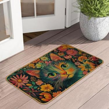 Imagem de Capacho com flores de gato, entrada interna e externa, tapete de porta floral colorido, impermeável, perfil baixo para todas as estações, fácil de limpar, pátio, varanda, entrada, 43 x 73 cm