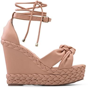 Imagem de Sandália Feminina Anabela Nude Plataforma Trança Amarração-Feminino
