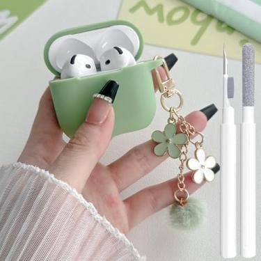 Imagem de Linda capa para Airpods 4 para meninas e mulheres com berloques de flores pompom, chaveiro e kit de limpeza, silicone macio Airpods iPod 4ª geração capa protetora para Airpod 4 2024 verde Matcha