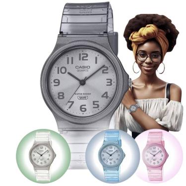 Imagem de Relógio Feminino Casio Analógico Resistente Agua Redondo Leve Quartz Esportivo Translúcido Rosa Cinza Azul MQ-24S