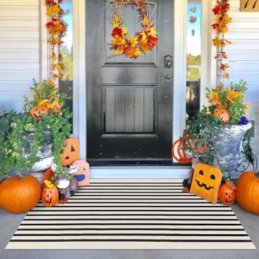 Imagem de KOZYFLY Tapete de área de algodão de 9,5 x 1,8 m, tapete listrado preto e bege, tecido à mão, lavável na máquina, perfeito para porta da frente, cozinha, sala de estar