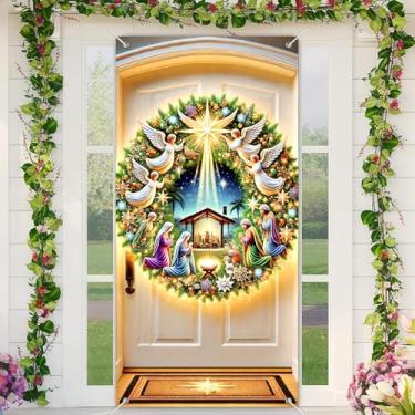 Imagem de BlissYard Faixa para porta de Natal de presépio 89 x 189 cm, decoração religiosa de férias com anjos brilhantes e guirlanda de manjedoura para igreja de boas-vindas no inverno ou exibição de parede