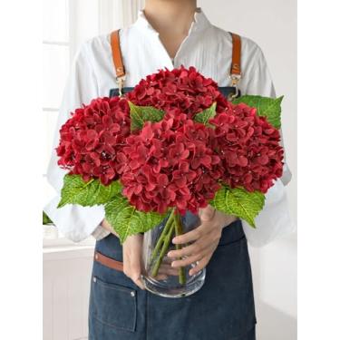 Imagem de JINWOE Flores artificiais de hortênsia, seda de látex realista, toque real, flores de hortênsia sintética, buquê de hortênsias artificiais para mesas de centro de casamento, festas, casa (vermelho)