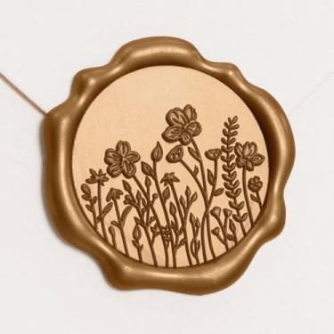 Imagem de UNIQOOO Adesivos de selo de cera de flores silvestres - Adesivo de selo de envelope de convite de casamento floral, 50 peças, autoadesivo, metálico, dourado, campo de flores, perfeito para o Natal