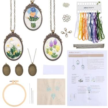 Imagem de SUNNYCLUE 3 conjuntos de kits de colar de bordado DIY pingente de colar bordado com instruções de papel padrão flor pano agulhas agulhas mini kit de ponto cruz para iniciantes iniciantes adulto