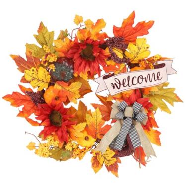 Imagem de Culudea Guirlanda de outono 50,8 cm para porta da frente artificial com laço de placa, bagas, folhas de bordo vermelhas, abóboras, outono, helênio, aconchegante decoração de outono para varanda