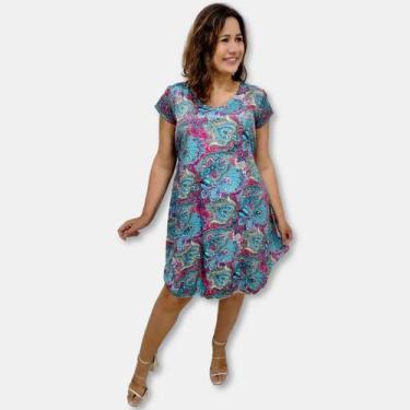 Imagem de Vestido Indiano Curto Trapézio Toque de Seda Estampado - Sarat Moda In