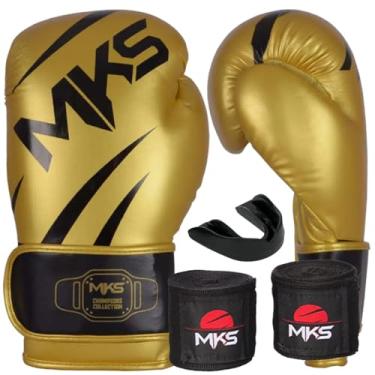 Imagem de Kit Luva de Boxe Muay Thai Kickboxing Champions III + Bandagem + Protetor Bucal MKS Combat - Escolha o seu Modelo (DOURADO E PRETO, 12oz)