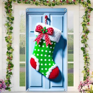 Imagem de BlissYard Capa de porta de Natal com bolinhas, faixa de porta de meia de Natal, decoração de feliz Natal, pano de fundo, 89 x 188 cm, verde, laço vermelho, decoração de varanda festiva, faixa de