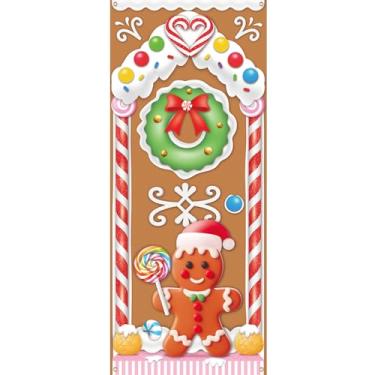 Imagem de Decorações de cobertura de porta de casa de gengibre de Natal - Faixa de porta de gengibre para decoração de fundo de festa Candyland para decoração interna e externa, 182 × 76 centímetros