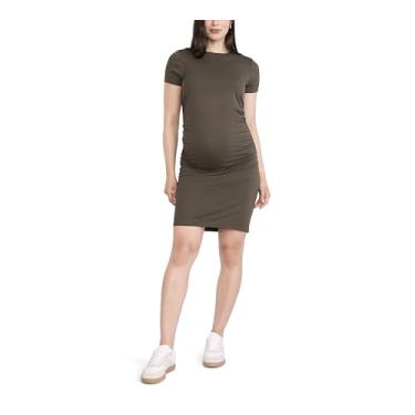 Imagem de Motherhood Maternity Mini vestido feminino de gola redonda manga curta franzido lateral canelado colado ao corpo, Profundidades Profundas, GG