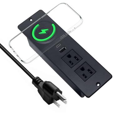 Imagem de Régua de linha embutida com carregador sem fio de 15 W, tomada embutida para móveis com carregamento rápido USB C, estação de carregamento de computador e 2 tomadas, 2 portas USB