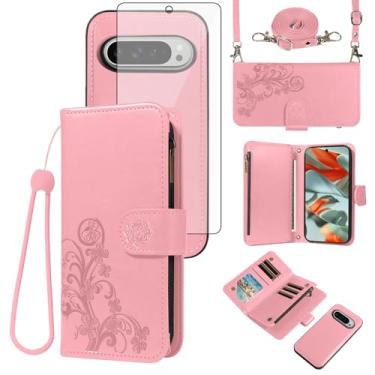 Imagem de Asuwish Capa de celular para Google Pixel 9 Pro XL com zíper carteira magnética destacável com protetor de tela de vidro temperado alça transversal porta-cartões de flores Pixel9 9Pro 9ProXL nove