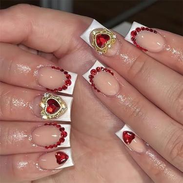 Imagem de RTKHFZE Unhas postiças quadradas curtas com ponta francesa branca em unhas postiças com design de strass de coração vermelho unhas artificiais brilhantes para mulheres, 24 peças