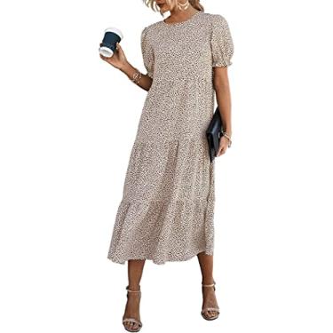 Imagem de PRETTYGARDEN Vestido feminino casual de verão, boêmio, estampa floral, babado, bufante, manga curta, midi rodado, vestidos de festa na praia, Damasco, P