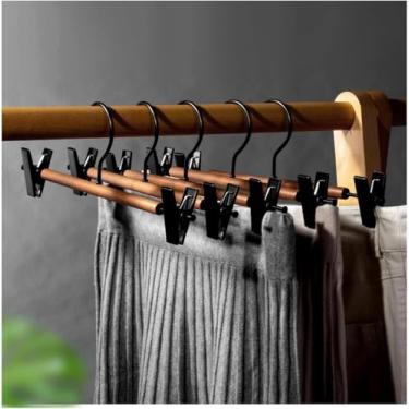 Imagem de Cabides De Calças De Madeira Cabide Inferior Cabide Jeans Cabide Calças Cabide De Saia Com 2 Clipes Pretos Adesivos Ajustáveis E Gancho