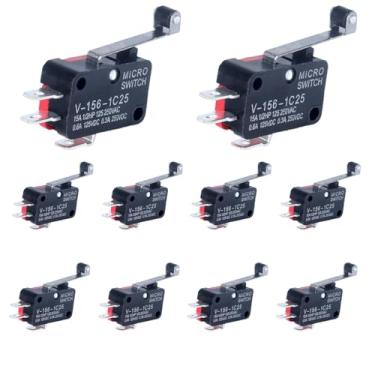 Imagem de JIQI 10 peças V-156-1C25 micro interruptor de limite com um braço de alavanca de dobradiça reta de comprimento médio de 0,94 pol (23,88 mm) SPDT NO e modos de comutação NC e terminais de latão de 3