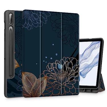 Imagem de Mektron Capa para tablet Samsung Galaxy Tab S9 de 11 polegadas modelo X710/X716B/X718U, capa rígida fosca com função despertar/hibernar automática, suporte multi-ângulo para Galaxy S9, crisântemos de linha