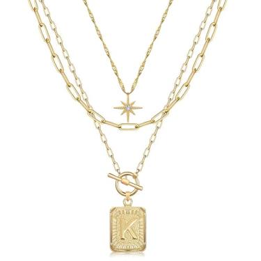 Imagem de MJartoria Colares com inicial em ouro em camadas para mulheres com pingente de corrente com pingente de letra quadrada em camadas para mulheres e meninas