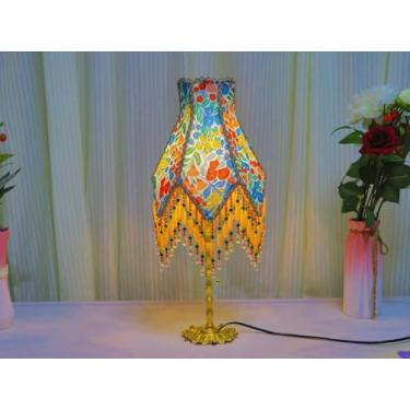 Imagem de Lâmpada retrô country floral com borla, lâmpada de vac de berçário, candeeiro de mesa de quarto feminino rosa, adequado para biblioteca, café, lâmpada decorativa de bar