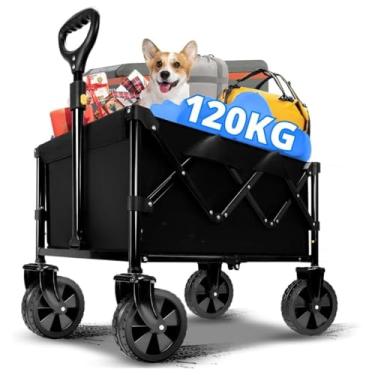 Imagem de Carrinho Dobrável Multiuso Para Carga, Vagão Articulado Com Rodas 360°, Alça Ajustável, Estrutura Aço Reforçado, Transporte Praia Camping Compras Feira Preto