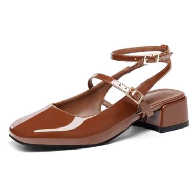 Imagem de Coutgo Sapato feminino Mary Jane de salto baixo, bico quadrado, fechado, tira no tornozelo, sapato social para festa de casamento, Marrom, 36