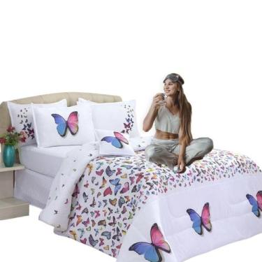 Imagem de Kit Edredom Casal Queen Borboletas Dupla Face 4 Peças - Deccoralle