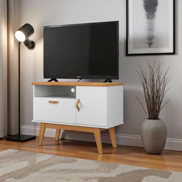 Imagem de Rack Retrô Sirius para TV 2 portas pés madeira puxadores de couro Patrimar