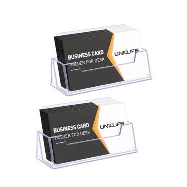 Imagem de Uniclife Pacote com 2 porta-cartões de visita de acrílico para mesa, 1 compartimento transparente para exibição de cartões de visita para homens e mulheres, organizador de cartões de visita para