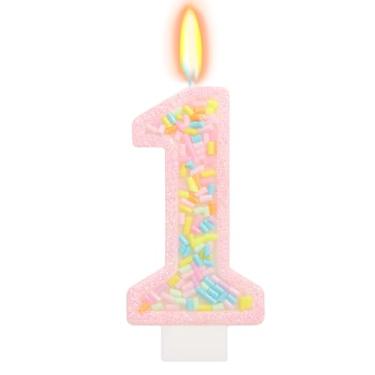 Imagem de ElekFX Vela de aniversário número 1 com granulados, topo de bolo arco-íris unicórnio rosa pastel, decorações de festa Sweet Candyland para meninas e meninos 1º aniversário