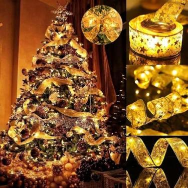 Imagem de tidsoei Decorações de árvore de Natal 19,5 m 200 luzes de LED de fio de cobre alimentado por bateria para decoração de Natal Ano Novo (fita dourada luzes quentes)