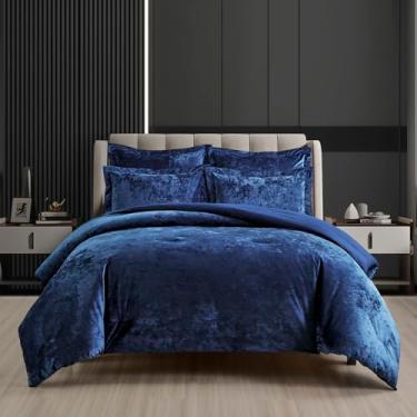 Imagem de Fredsure Conjunto de edredom de veludo envelhecido, 5 peças, azul-marinho, rosto de veludo envelhecido e reverso de microfibra escovada
