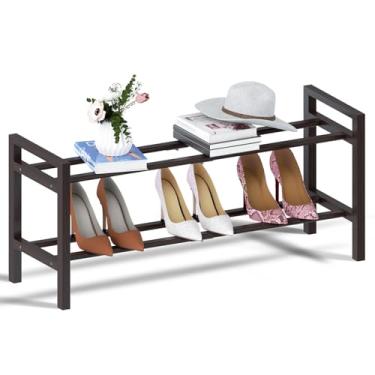 Imagem de Haddockway Sapateira de bambu para armário, organizador de sapatos de pé livre com hastes redondas lisas e alças convenientes, prateleira empilhável de armazenamento de sapatos para entrada, corredor