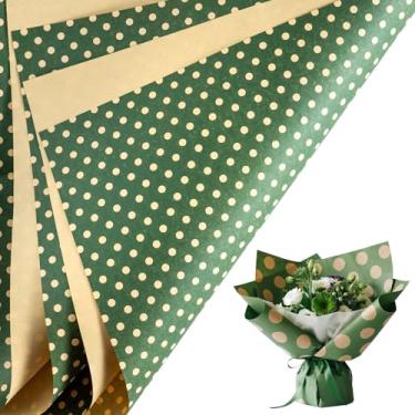 Imagem de LeZakaa 20 folhas de papel de embrulho de flores de pontos Kraft, papel de buquê floral reversível verde com bolinhas brancas para Natal, Dia dos Namorados, Dia das Mães, festa, aniversário, casamento