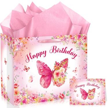Imagem de LUUFILx Bolsa de presente de aniversário de borboleta para meninas e mulheres, bolsa de lembrancinha de festa de flores de borboleta com cartão de papel de embrulho roxo rosa bolsa de presente floral