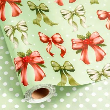 Imagem de Burymento Papel de embrulho de Natal, papel de embrulho reversível com design de laço verde e vermelho adequado para o Natal, mini rolo (43 cm x 32,8 pés)