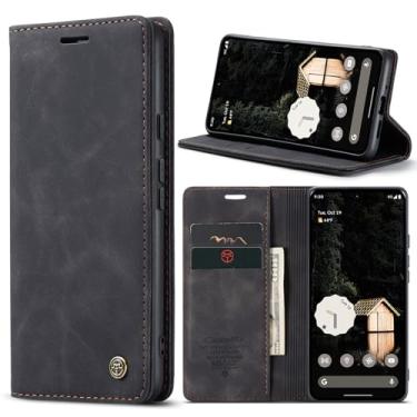 Imagem de Phernykas Capa carteira flip para Google Pixel 9 Pro XL, capa fólio magnética de couro com suporte para cartão, suporte durável - capa protetora de telefone TPU à prova de choque - preta