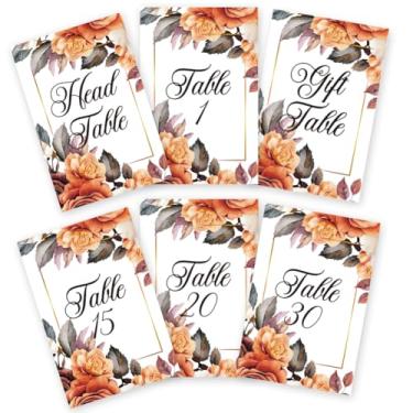 Imagem de GOMAKERER 32 peças de cartões de números de mesa de casamento, 1 a 30 placas de números de mesa de casamento dupla face com borda rosa com cabeça e cartão de mesa de presente, peça central de festa