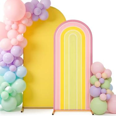 Imagem de Mindsoft 2,2 m + 1,81 m arco arco-íris fundo pastel arqueado tecido elástico capa de fundo para decoração de casamento Boho Dasiy festa de aniversário (rosa amarelo)