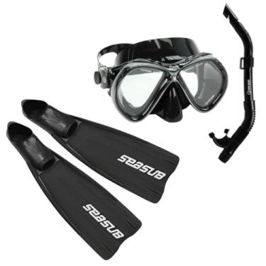 Imagem de Seasub Kit Mergulho Completo, Máscara Fun Dive Onix com Silicone, Snorkel com Válvula Quebra-Onda, Nadadeira Velox Preta para Mergulho Livre e Autônomo (Preto, BRA 38/39)