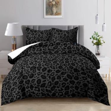 Imagem de Raphus cucullatus Conjunto de edredom Queen com estampa de leopardo preto, estampa de guepardo preto, edredom Queen, colcha de leopardo, cama de guepardo, decoração de quarto de animal