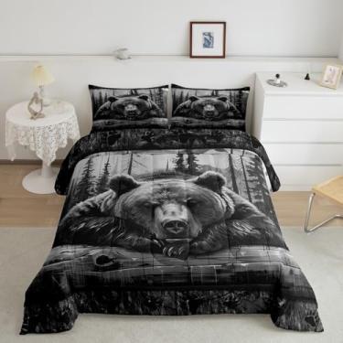 Imagem de Jogo de cama Queen rústico com estampa de pegada de veado e árvores negras reversível, para meninos, homens e adolescentes, tábua de madeira cinza, 3 peças, enchimento de edredom de animal selvagem, 2