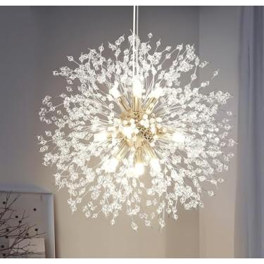 Imagem de 110V, Lustre de Teto, Pendente Sala de Jantar, Lustre Quarto, Dente De Leão 55cm, Luzes LED Tricolores de 12 Cabeças, 56 Fios de Cristais Decorativos