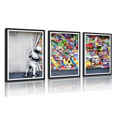 Imagem de Impressão em tela emoldurada Banksy arte de parede para sala de estar atrás da cortina imagens arte de grafite colorido decoração moderna para decoração de parede de escritório doméstico pronto para