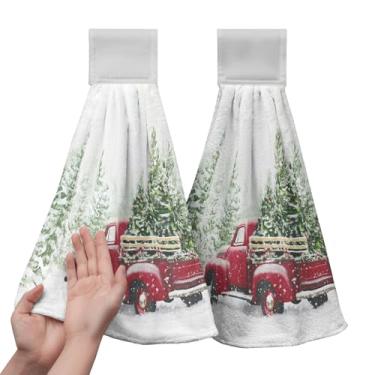 Imagem de Kwlegh 2 peças de toalhas de gravata de cozinha de inverno de caminhão vermelho toalha de cozinha de Natal com laço para pendurar, toalhas de mão para pendurar em casa de fazenda, toalha de banho