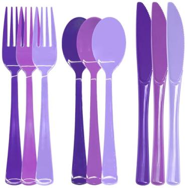 Imagem de Conjunto de talheres de plástico roxo, 180 peças, descartáveis, 60 facas, 60 colheres para aniversário, casamento, piquenique, chá de bebê