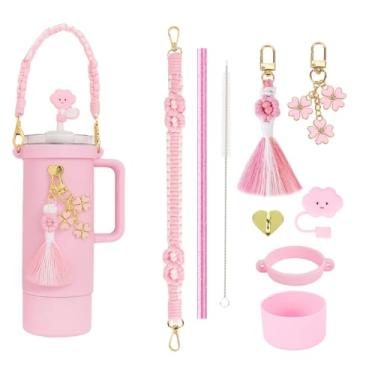 Imagem de Conjunto de acessórios de copo rosa com 9 peças para copo Stanley 1,134 g, 850 g, 590 ml, bota de silicone, capa de palha, pingentes e alça de alça – para Yeti, Simple Modern, Owala, Hydro Flask